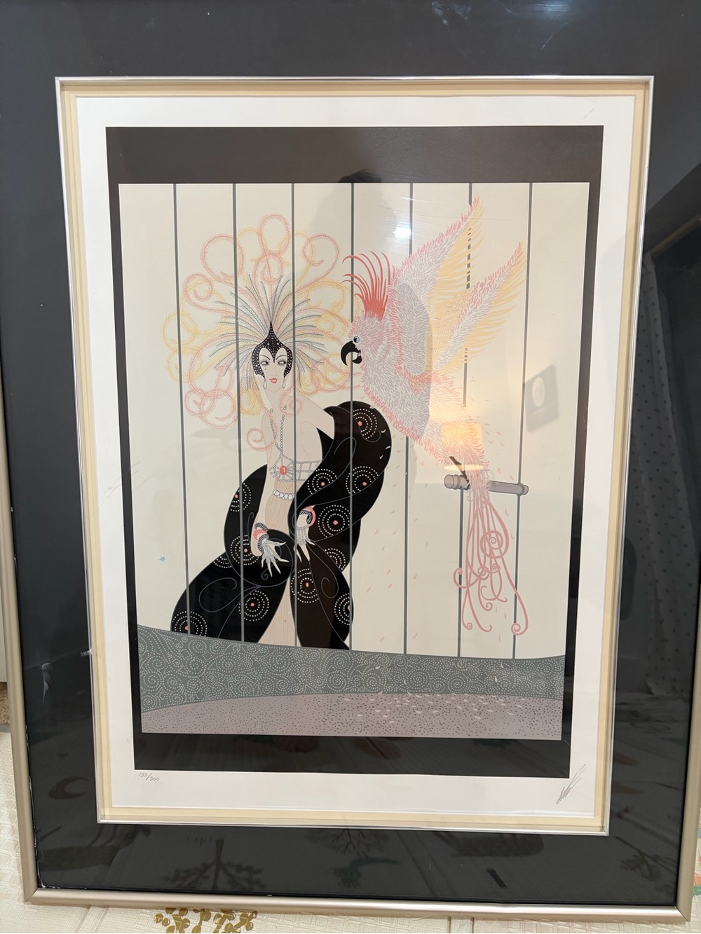 Art Deco Woman with Exotic Bird Framed Print - Black, Cream, Pink